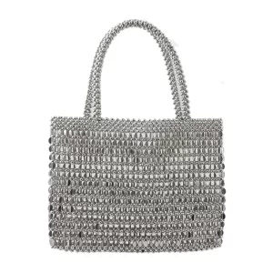 Vintage Handmade Ladies Handbag Weave Beaded Fashion Silver Color Shining Sequin Shoulder Bag Clutches Womens Party Handbag 2025