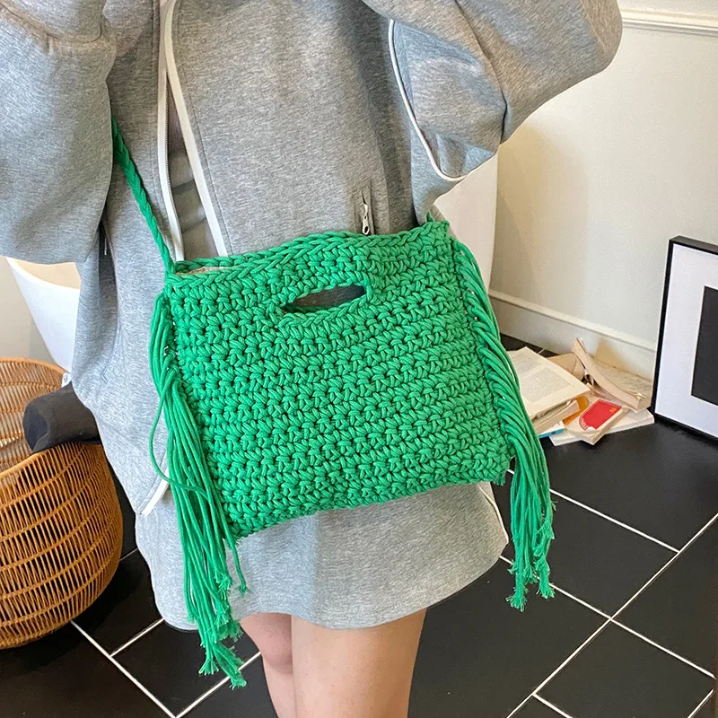 2025 Summer New Hand-weave Handbags For Women Fashion Beige Khaki Yellow Tassell Tote Shoulder Bags Crossbody Ladies Beach Bag - Image 2