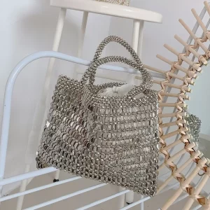 2025 Trendy Hollow Metal Handbags For Women Retro Fashion Hand-weave Beaded Shining Silver Color Shoulder Bags Party Clutches