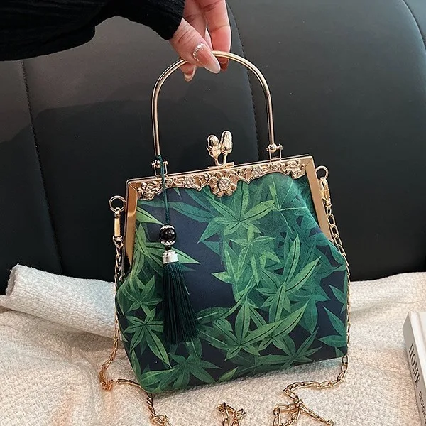Vintage Purple Green Small Evening Bags Fashion Chinese Style Leaves Print Handbag For Women Chain Shoulder Bag Crossbody Party - Image 2
