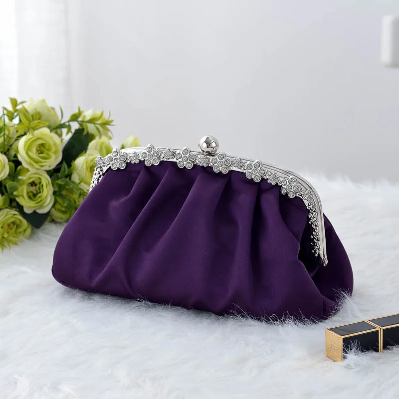Fashion Elegant Silk Satin Dinner Evening Bags For Women Retro Black Purple White Small Clutch Wedding Party Chain Shoulder Bags