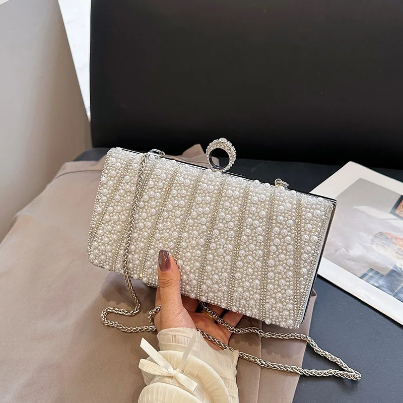 Fashion Elegant Pearl Evening Bags Gold Silver Beige Square Clutch Purse For Women Chain Shoulder Bag Crossbody Wedding Party - Image 2
