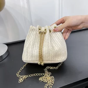 Beige Khaki Straw Weave Bucket Bag Fashion Metal Gold Color Chain Shoulder Messenger Bag For Women Summer Beach Bag bolso mujer