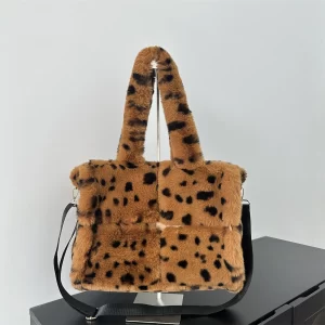 European American Leopard Print Plush Tote Bag Autumn Winter Vintage Gray Brown Large Capacity Shoulder Bag Handbag For Women