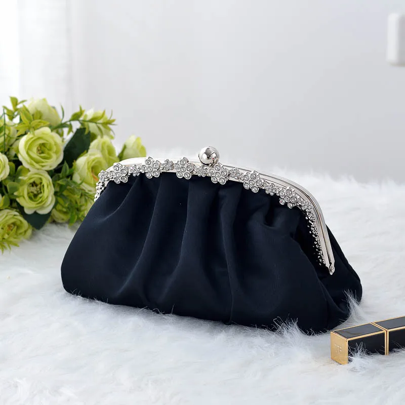 Fashion Elegant Silk Satin Dinner Evening Bags For Women Retro Black Purple White Small Clutch Wedding Party Chain Shoulder Bags - Image 2