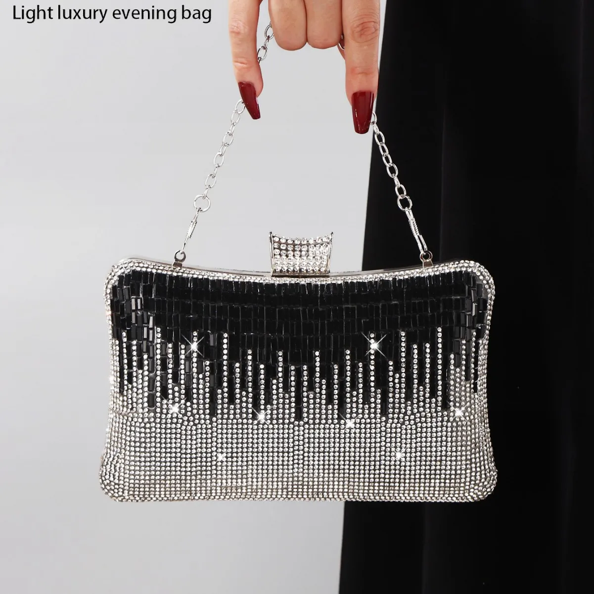 Trendy Luxury Black White Evening Bags Shining Diamond Small Box Clutch For Women Wedding Party Chain Shoulder Bags Prom Handbag