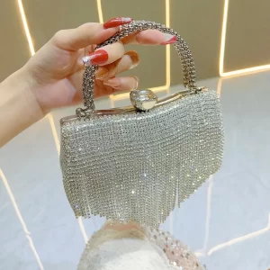 Ladies Luxury Evening Bags Fine Diamond Tassel Gold Silver Handle Handbags For Women Prom Party Small Clutch Chain Shoulder Bag