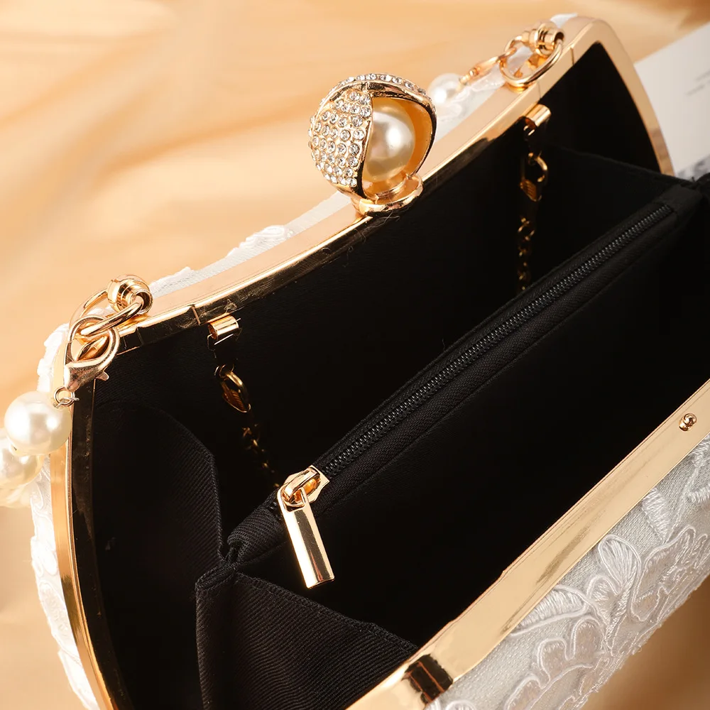 Retro Lace Flower White Evening Bags Wedding Party Bridal Small Clutches For Womens Chain Sholder Bag Crossbody Prom Handbags - Image 3