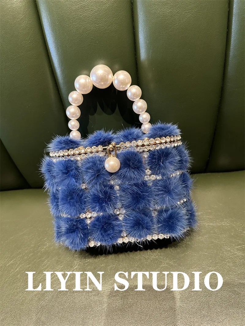 Luxury Pearl Mink Fur Bucket Bag Ladies Fashion Elegant Clutch Handbags Autumn Winter Cocktail Prom Party Evening Bags For Women - Image 4