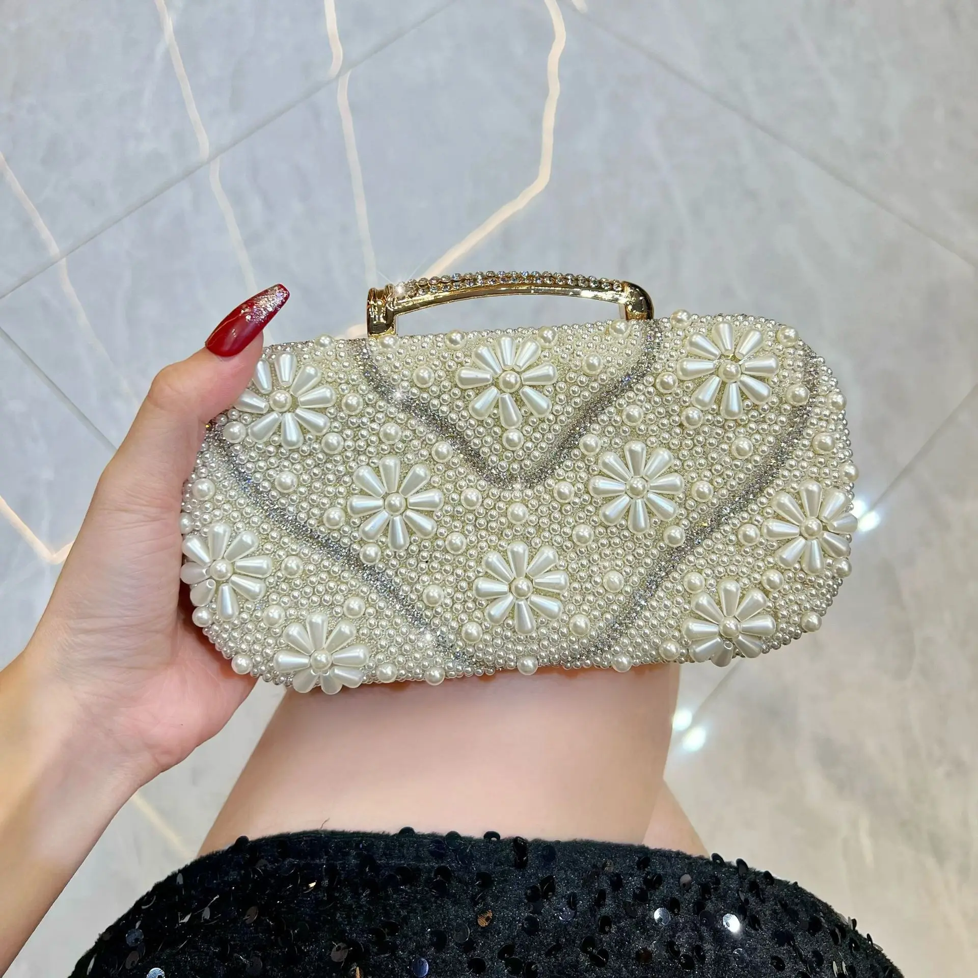 Fashion Fine Rhinestone Pearl Beaded Flower Dinner Evening Bags For Women Wedding Party Small Clutch Metal Chain Shoulder Bag - Image 2