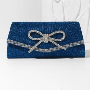 Fine Glitter Rhinestone Bow Small Clutch Handbags For Women Fashion Silver Black Blue Chain Shoulder Bag Crossbody Wedding Bag