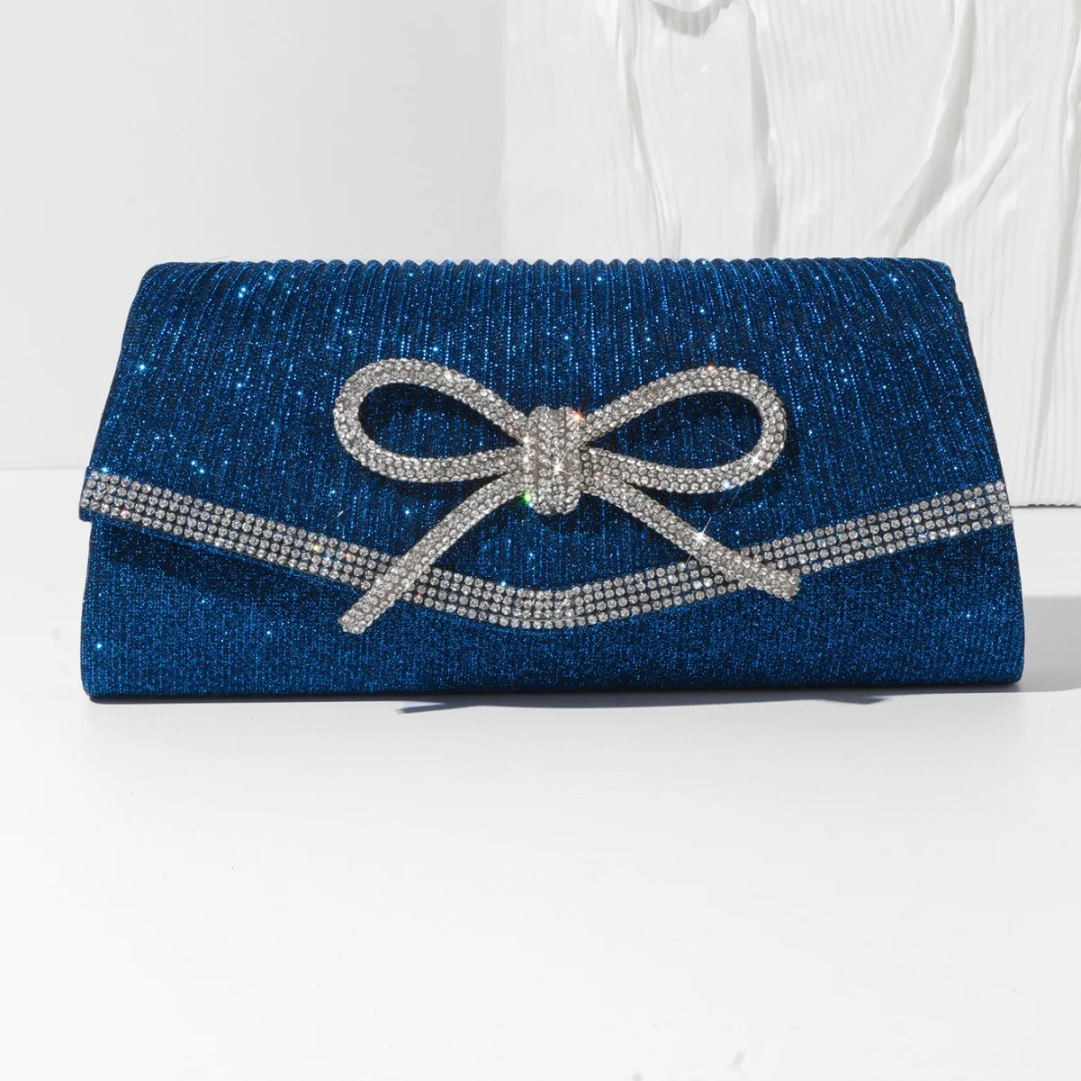 Fine Glitter Rhinestone Bow Small Clutch Handbags For Women Fashion Silver Black Blue Chain Shoulder Bag Crossbody Wedding Bag