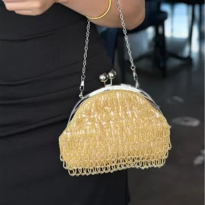 New Trendy Beading Tassel Small Handbags Chinese Style Gold Silver Seashell Clutch Purses For Womens Party Chain Tote Handbags