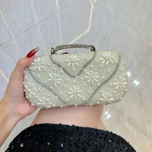 Fashion Fine Rhinestone Pearl Beaded Flower Dinner Evening Bags For Women Wedding Party Small Clutch Metal Chain Shoulder Bag