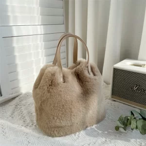 Winter Faux Fur Plush Tote Bag Fashion Large Capacity Bucket Handbag Shoulder Bag For Women Gray Pink White Daily Shopping Bag