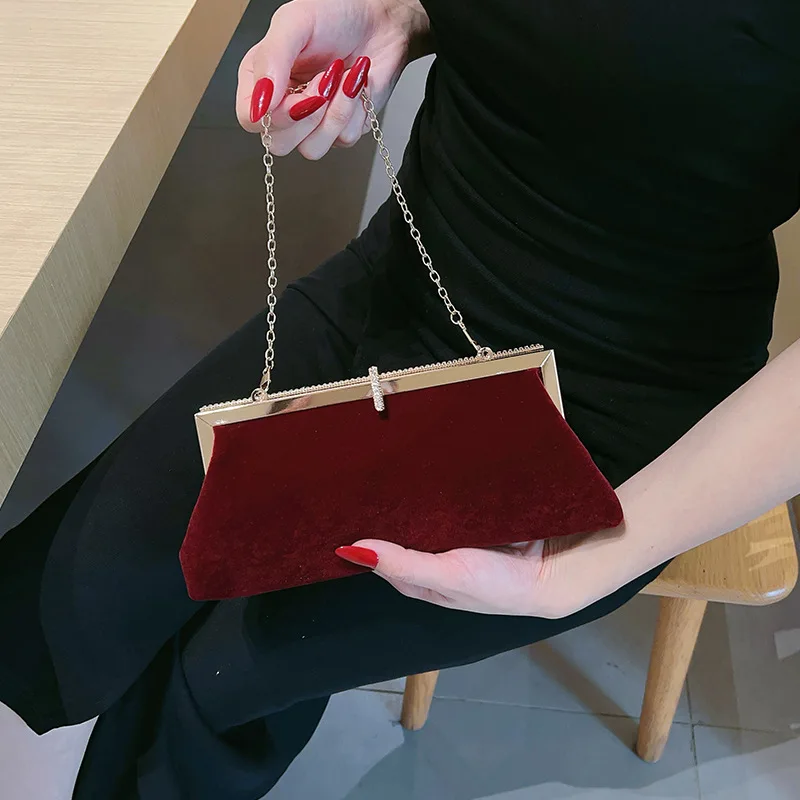 Retro Elegant Red Velvet Evening Bag For Women Fashion Temperament Small Clutches Handbag Wedding Party Chain Shoulder Bag Purse - Image 3