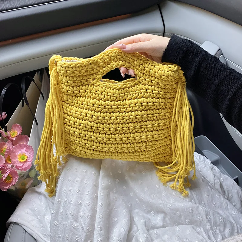 2025 Summer New Hand-weave Handbags For Women Fashion Beige Khaki Yellow Tassell Tote Shoulder Bags Crossbody Ladies Beach Bag