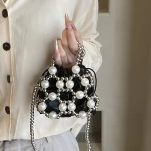 2024 Summer Small Shoulder Bags For Women Fine Fashion Hollow Pearl Beaded Weave Mini Handbags Trendy Party Prom Clutches Purses