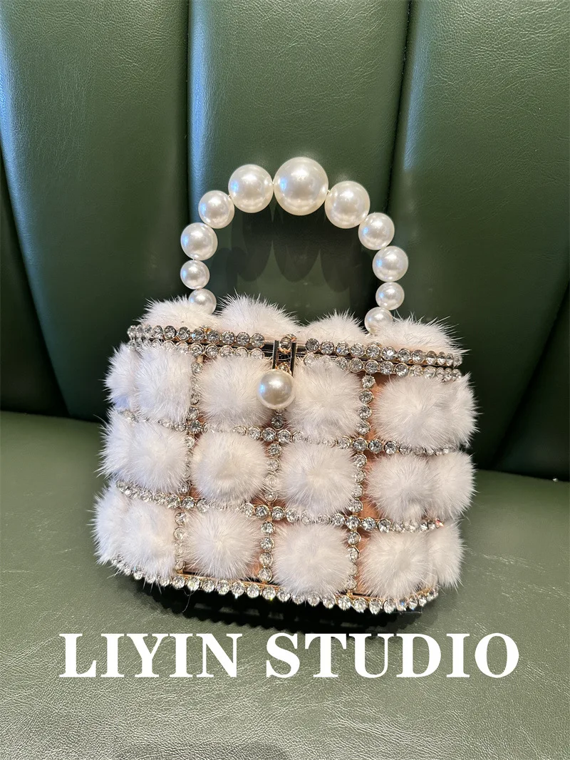 Luxury Pearl Mink Fur Bucket Bag Ladies Fashion Elegant Clutch Handbags Autumn Winter Cocktail Prom Party Evening Bags For Women - Image 3