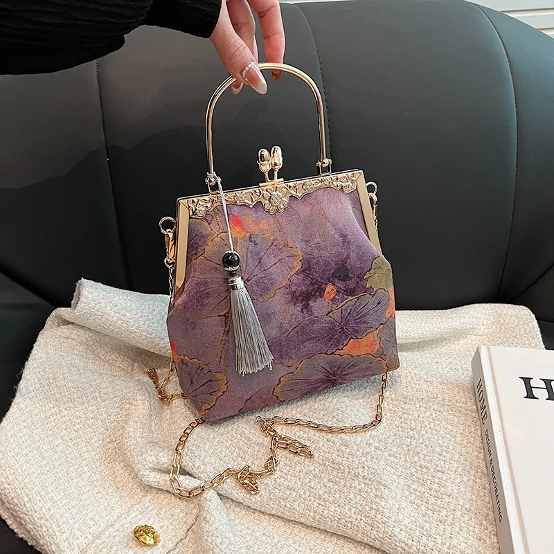 Vintage Purple Green Small Evening Bags Fashion Chinese Style Leaves Print Handbag For Women Chain Shoulder Bag Crossbody Party - Image 5
