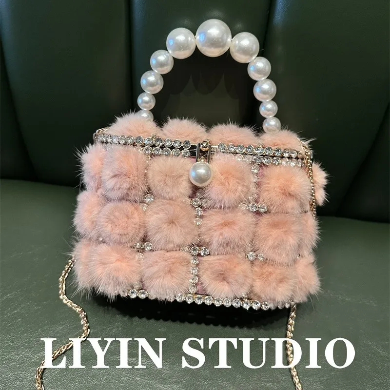 Luxury Pearl Mink Fur Bucket Bag Ladies Fashion Elegant Clutch Handbags Autumn Winter Cocktail Prom Party Evening Bags For Women