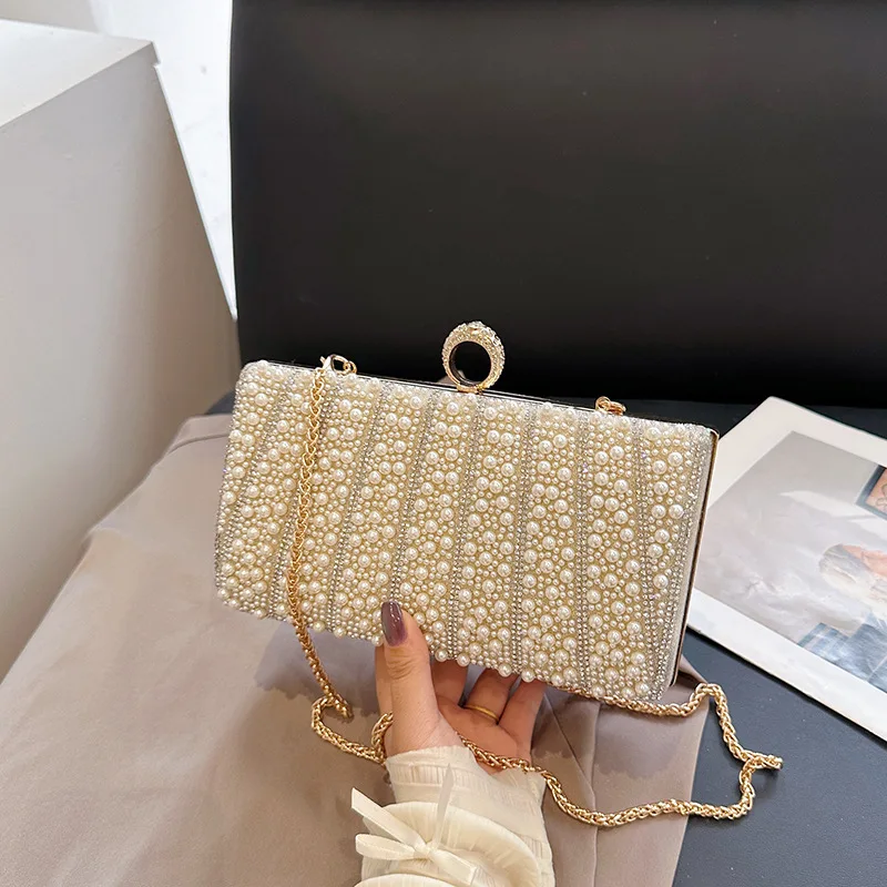 Fashion Elegant Pearl Evening Bags Gold Silver Beige Square Clutch Purse For Women Chain Shoulder Bag Crossbody Wedding Party - Image 3