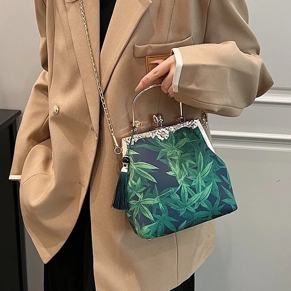 Vintage Purple Green Small Evening Bags Fashion Chinese Style Leaves Print Handbag For Women Chain Shoulder Bag Crossbody Party - Image 4