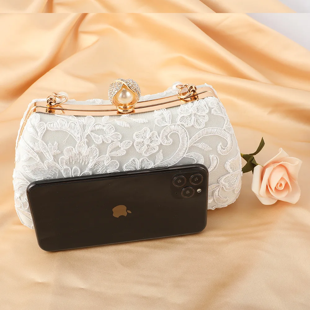 Retro Lace Flower White Evening Bags Wedding Party Bridal Small Clutches For Womens Chain Sholder Bag Crossbody Prom Handbags - Image 4