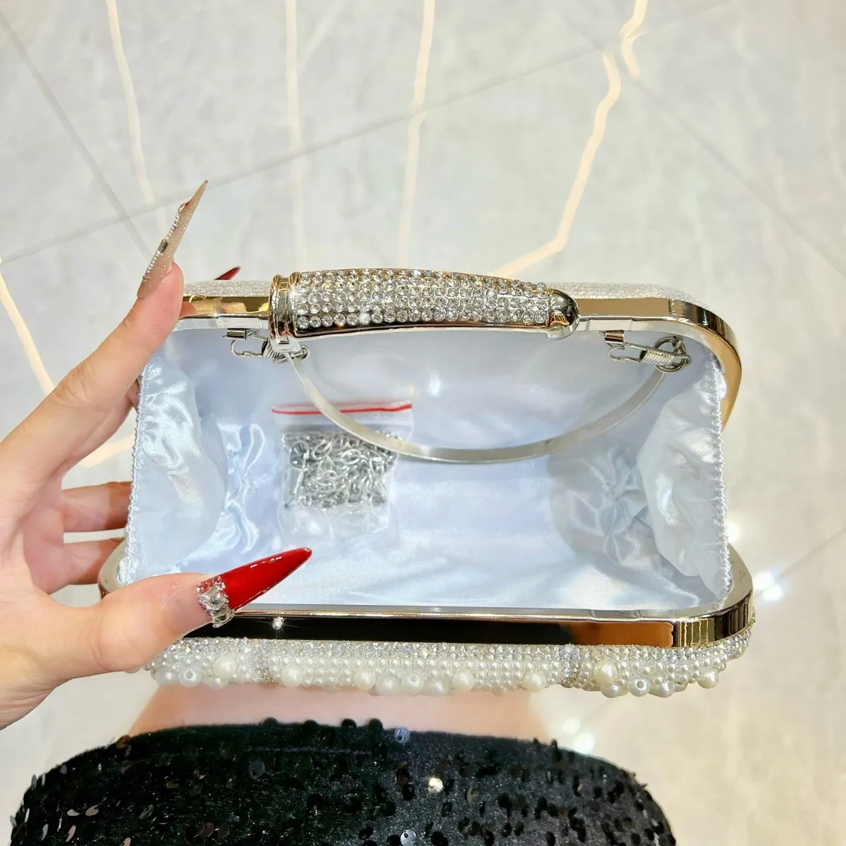 Fashion Fine Rhinestone Pearl Beaded Flower Dinner Evening Bags For Women Wedding Party Small Clutch Metal Chain Shoulder Bag - Image 4