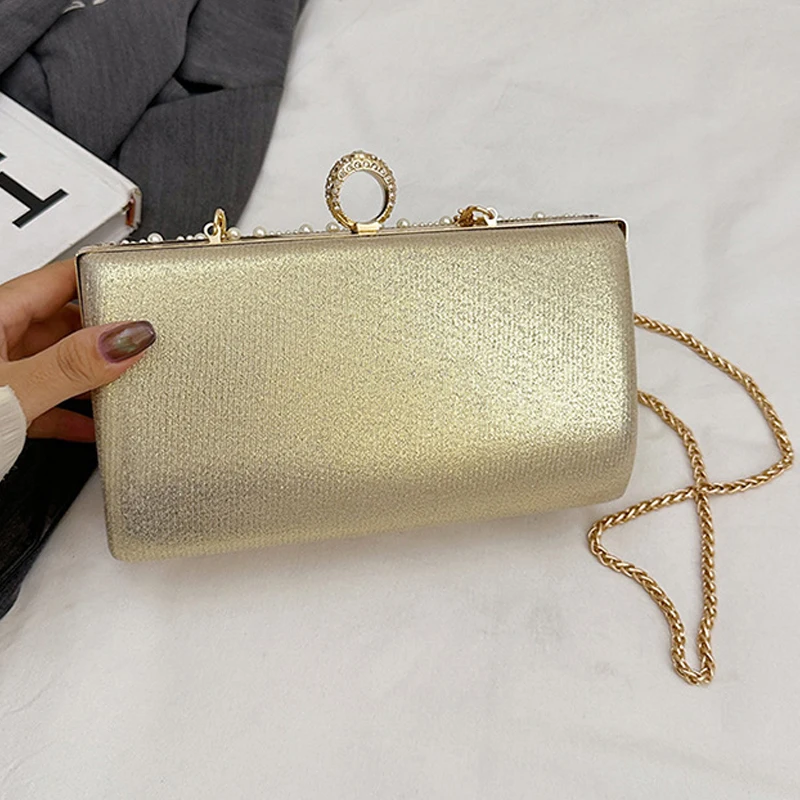 Fashion Elegant Pearl Evening Bags Gold Silver Beige Square Clutch Purse For Women Chain Shoulder Bag Crossbody Wedding Party - Image 4