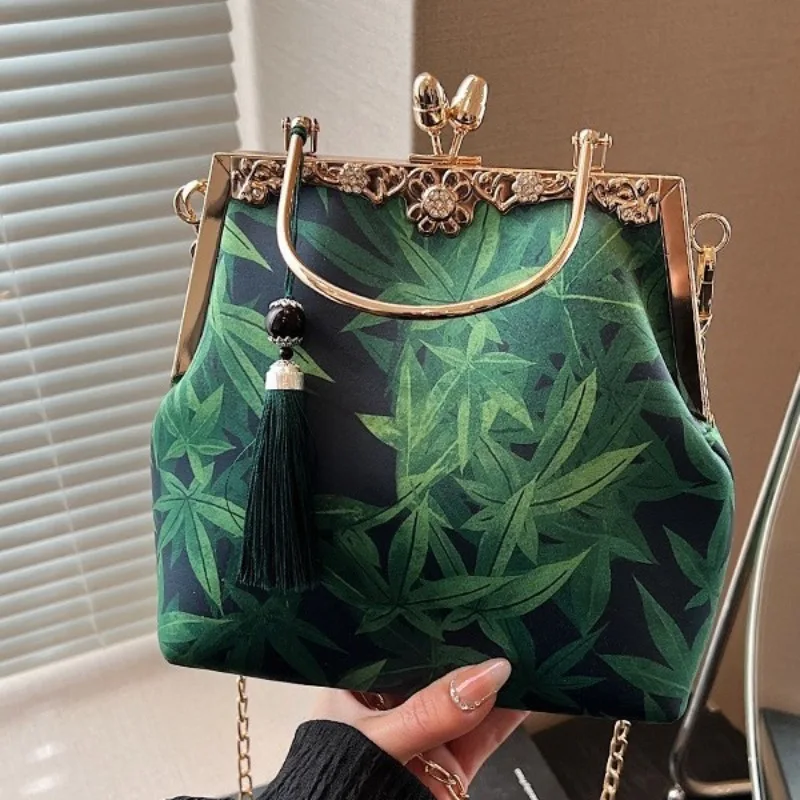 Vintage Purple Green Small Evening Bags Fashion Chinese Style Leaves Print Handbag For Women Chain Shoulder Bag Crossbody Party