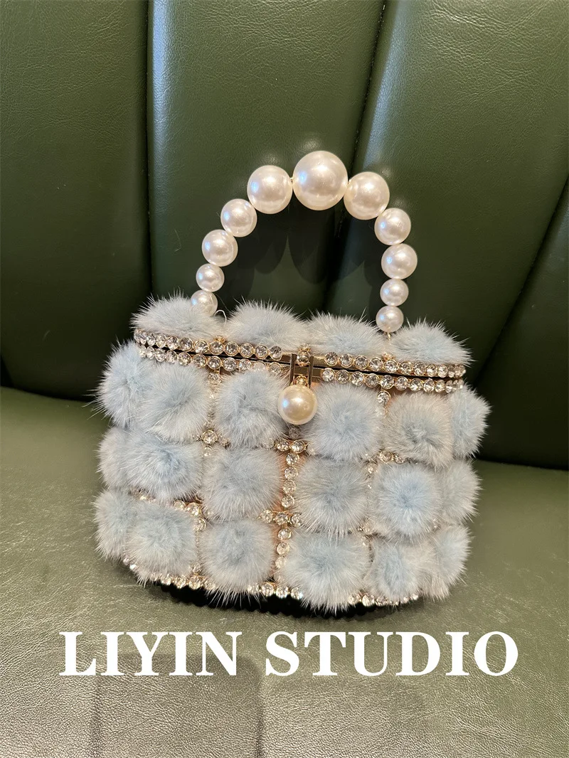 Luxury Pearl Mink Fur Bucket Bag Ladies Fashion Elegant Clutch Handbags Autumn Winter Cocktail Prom Party Evening Bags For Women - Image 2