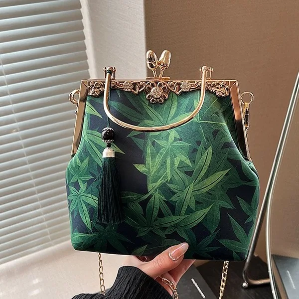 Vintage Purple Green Small Evening Bags Fashion Chinese Style Leaves Print Handbag For Women Chain Shoulder Bag Crossbody Party - Image 3