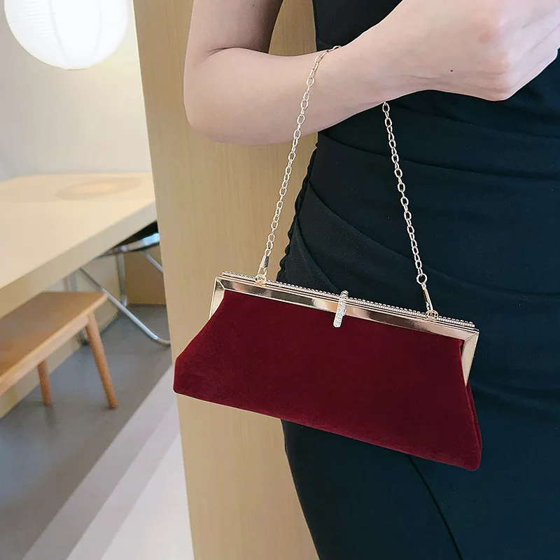 Retro Elegant Red Velvet Evening Bag For Women Fashion Temperament Small Clutches Handbag Wedding Party Chain Shoulder Bag Purse - Image 2