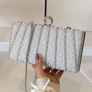 Fashion Elegant Pearl Evening Bags Gold Silver Beige Square Clutch Purse For Women Chain Shoulder Bag Crossbody Wedding Party