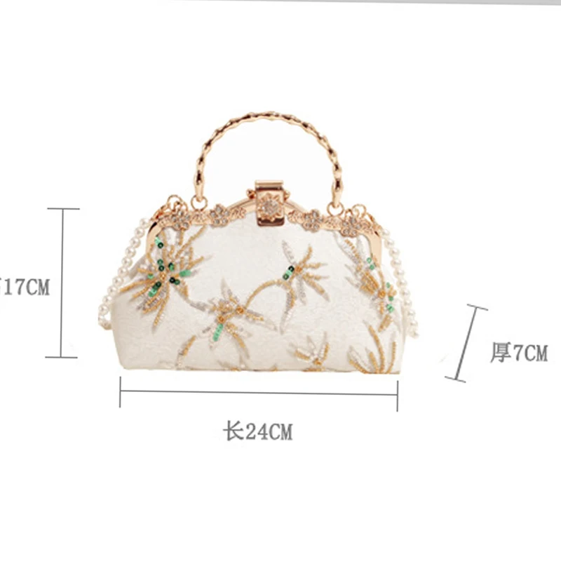 Retro Chinese Style Beading Embroidery Shell Evening Bag For Women Metal Handle Handbags For Women Prom Party Chain Shoulder Bag - Image 5