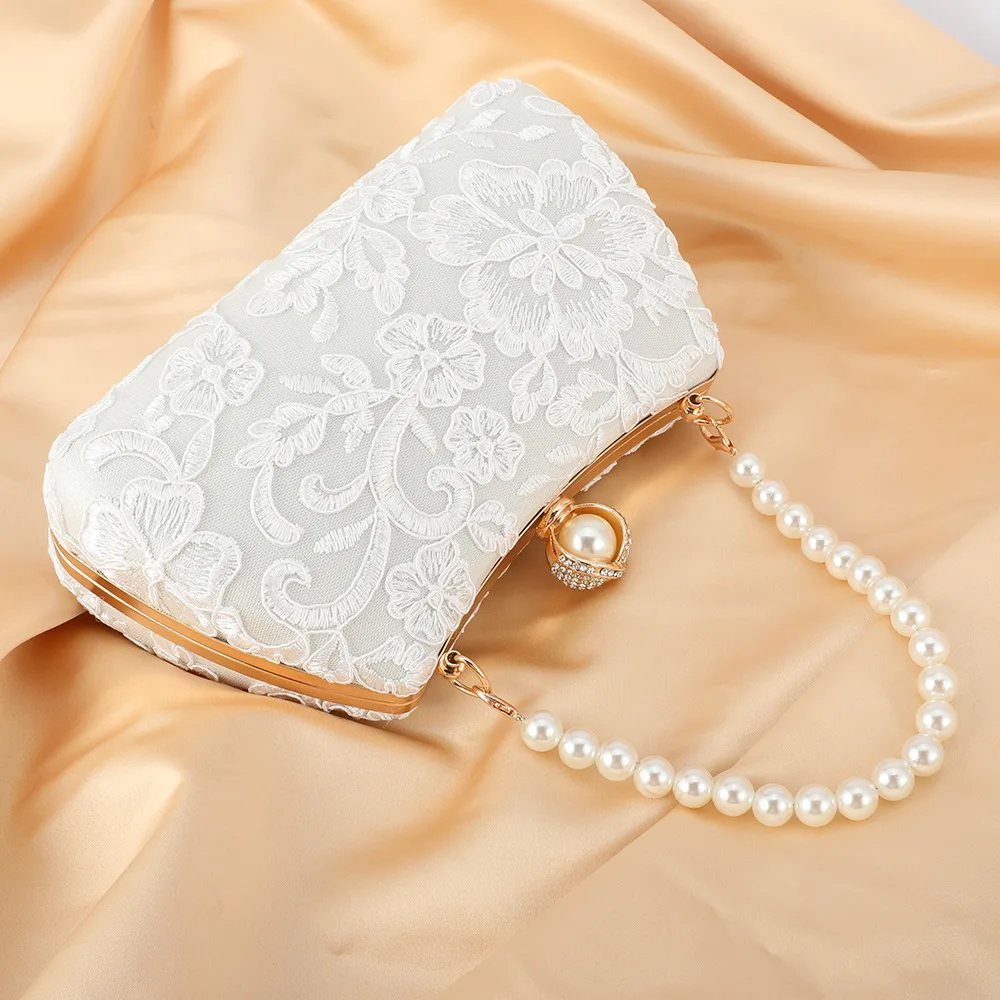 Retro Lace Flower White Evening Bags Wedding Party Bridal Small Clutches For Womens Chain Sholder Bag Crossbody Prom Handbags - Image 2