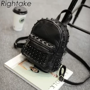 Rightake Women Small Genuine Leather Backpack Purse Rivet Bagpack Daily Black Backpack for Girls Schoolbag Casual Travel Daypack