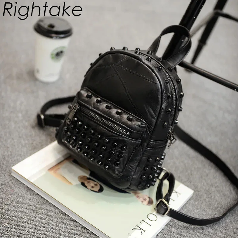 Rightake Women Small Genuine Leather Backpack Purse Rivet Bagpack Daily Black Backpack for Girls Schoolbag Casual Travel Daypack