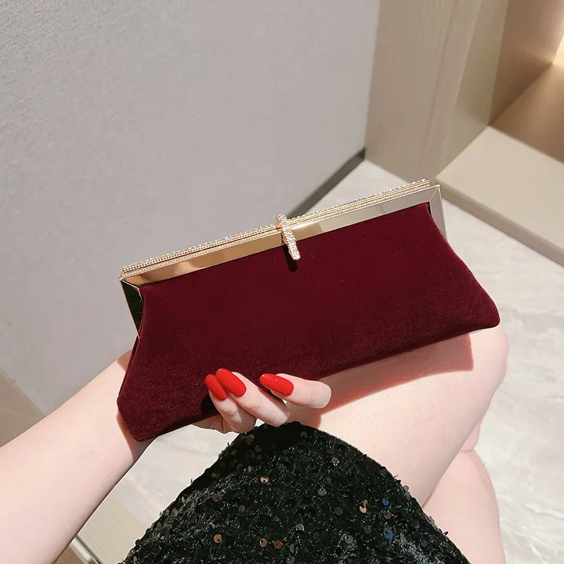 Retro Elegant Red Velvet Evening Bag For Women Fashion Temperament Small Clutches Handbag Wedding Party Chain Shoulder Bag Purse - Image 4