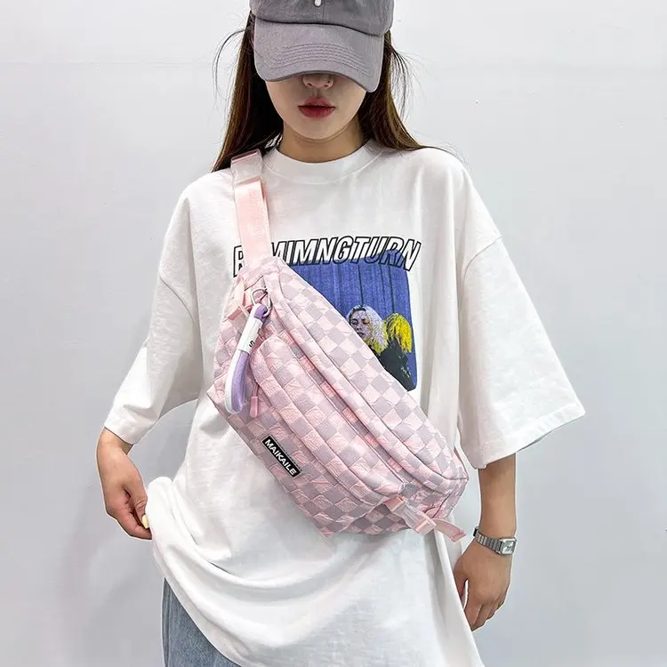 Korean Harajuku Plaid Shoulder Bag For Women Phone Chest Bag Fashion Causal Sport Waist Bag Simple Versatile Crossbody Chest Bag - Image 3