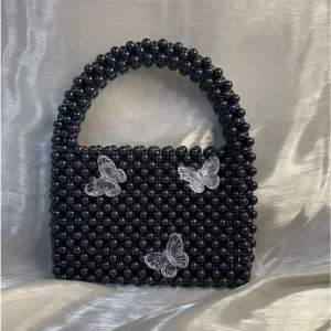 Retro Hand-weave Black Beading Handbag For Women Fashion Fine Fairy Butterfly Decor Tote Handbag Small Clutch Party Femme bolsos