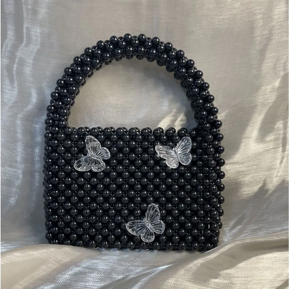 Retro Hand-weave Black Beading Handbag For Women Fashion Fine Fairy Butterfly Decor Tote Handbag Small Clutch Party Femme bolsos