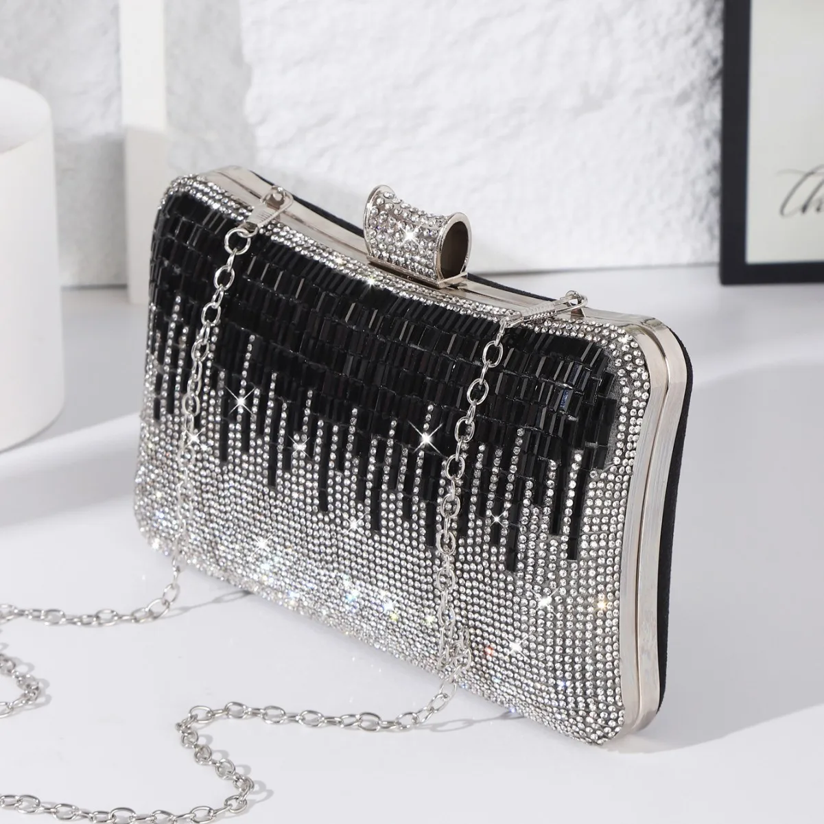 Trendy Luxury Black White Evening Bags Shining Diamond Small Box Clutch For Women Wedding Party Chain Shoulder Bags Prom Handbag - Image 2