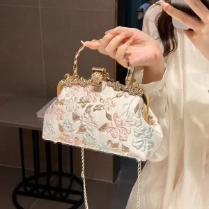 Chinese Style Flower Print Dinner Evening Bags Retro Fashion Metal Handle Handbags Banquet Party Chain Shoulder Bag Small Clutch