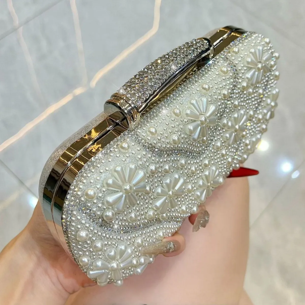 Fashion Fine Rhinestone Pearl Beaded Flower Dinner Evening Bags For Women Wedding Party Small Clutch Metal Chain Shoulder Bag - Image 3