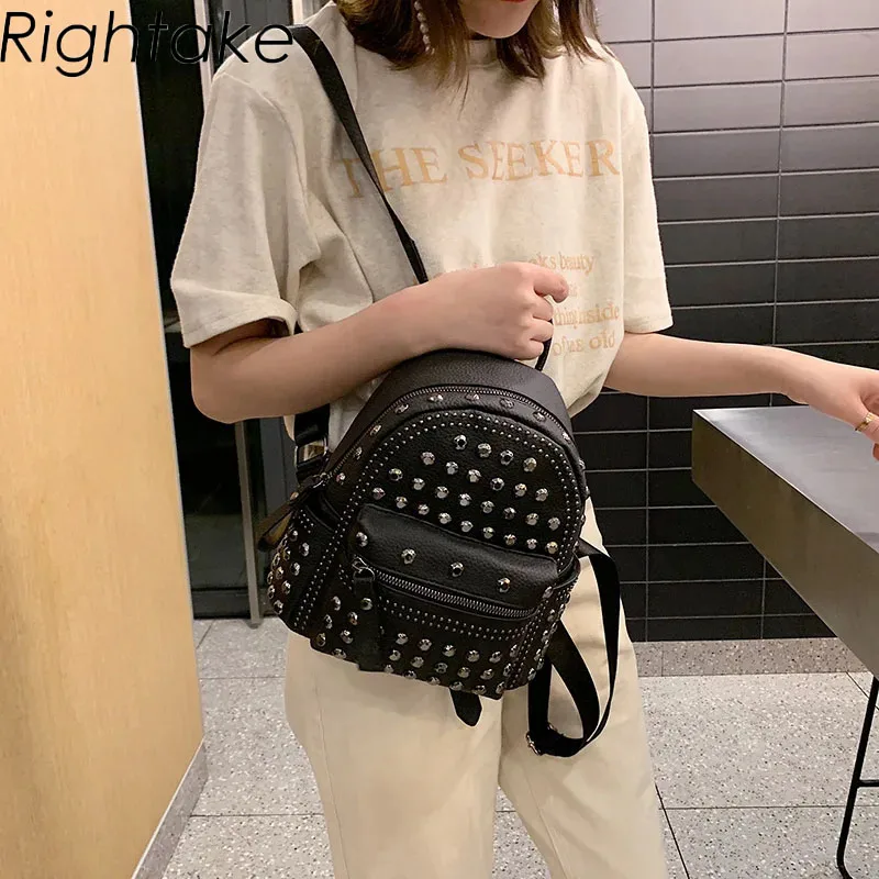 Rightake Women Small Genuine Leather Backpack Purse Rivet Bagpack Daily Black Backpack for Girls Schoolbag Casual Travel Daypack - Image 2