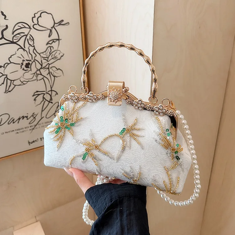 Retro Chinese Style Beading Embroidery Shell Evening Bag For Women Metal Handle Handbags For Women Prom Party Chain Shoulder Bag - Image 2