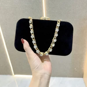 Retro Velvet Blue Black Small Clutch Diamond Chain Handbags for Women Wedding Prom Party Evening Bags Ladies Shoulder Bag Purse