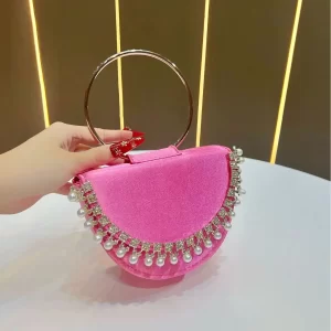 New Fashion Round Circle Small Handbags for Women Rose red Pink Silver Rhinestone Pearl Clutch Evening Bags Banquet Party Purse